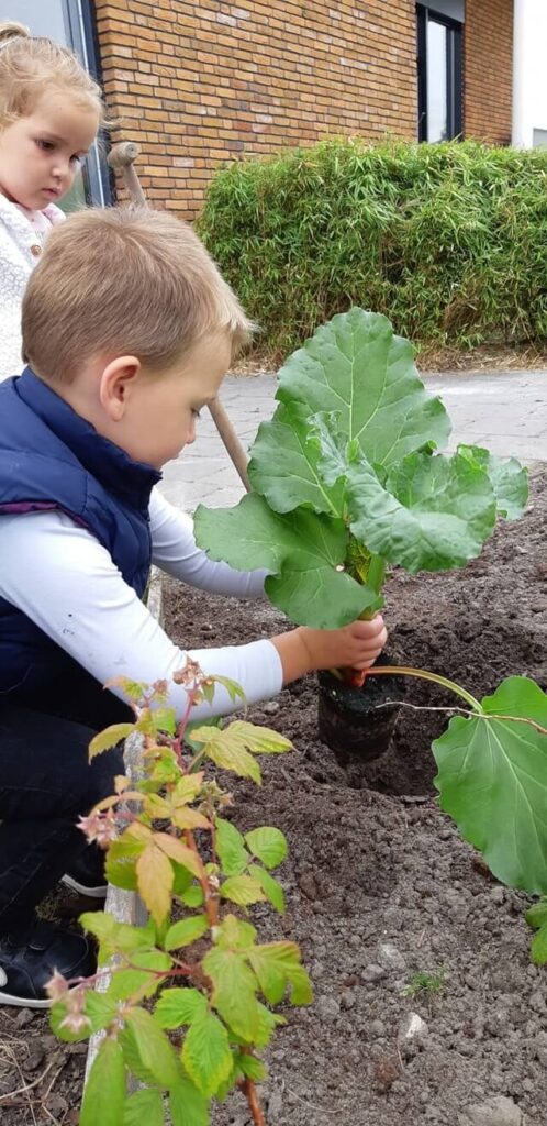 Zo in Siemburg jongen poot een plant in de tuin