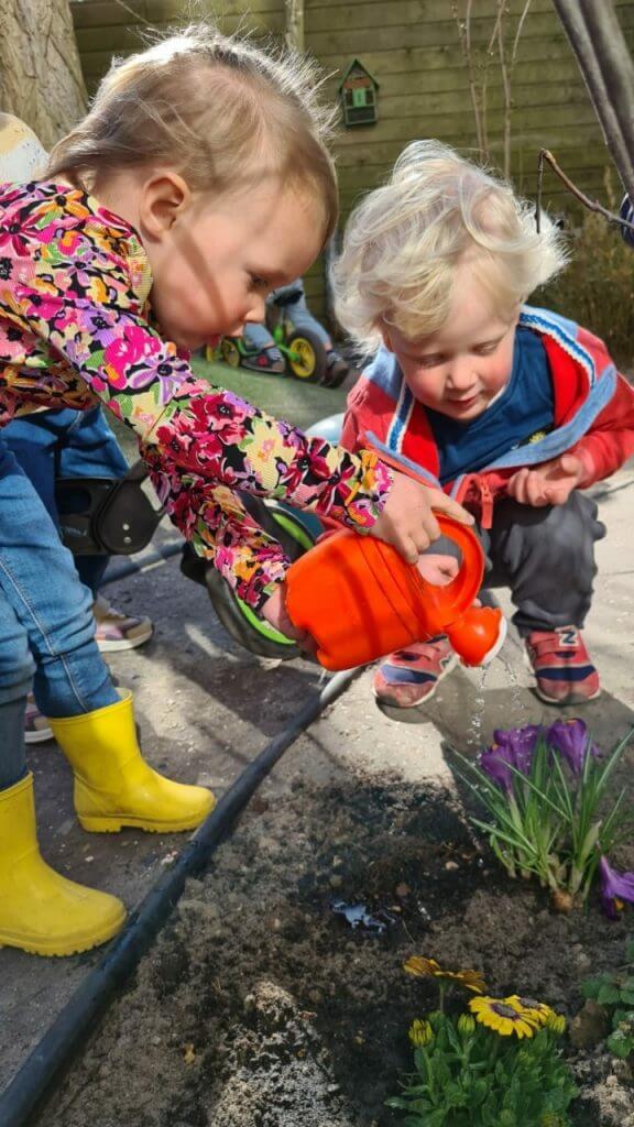 Kinderen geven de plantjes water met de gieter