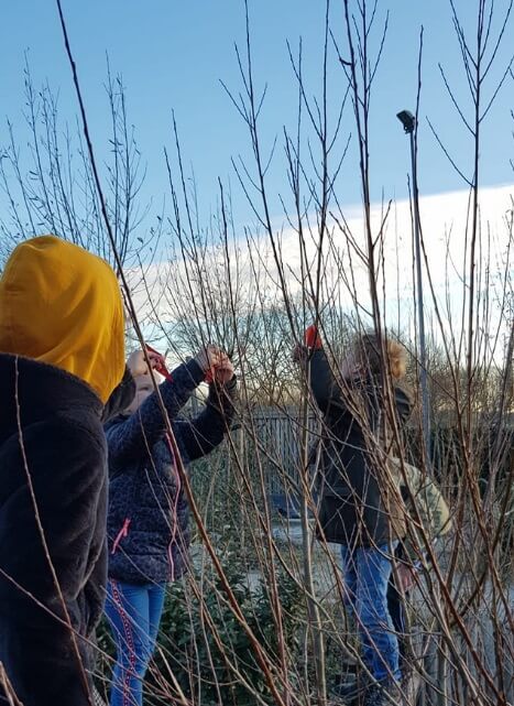 Kinderen spelen buiten met takken tijdens de buitenschoolse opvang bij Zo op het Groene Hart