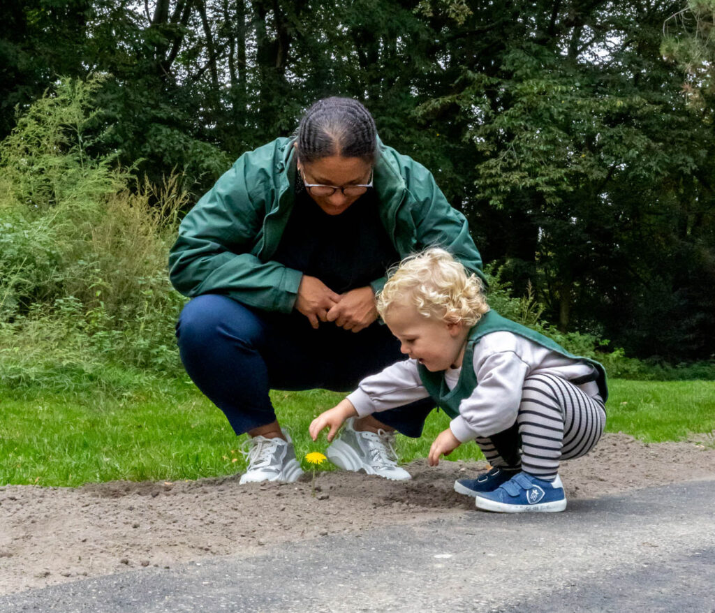 Childcare practitioner and playing child looking at a dandelion
